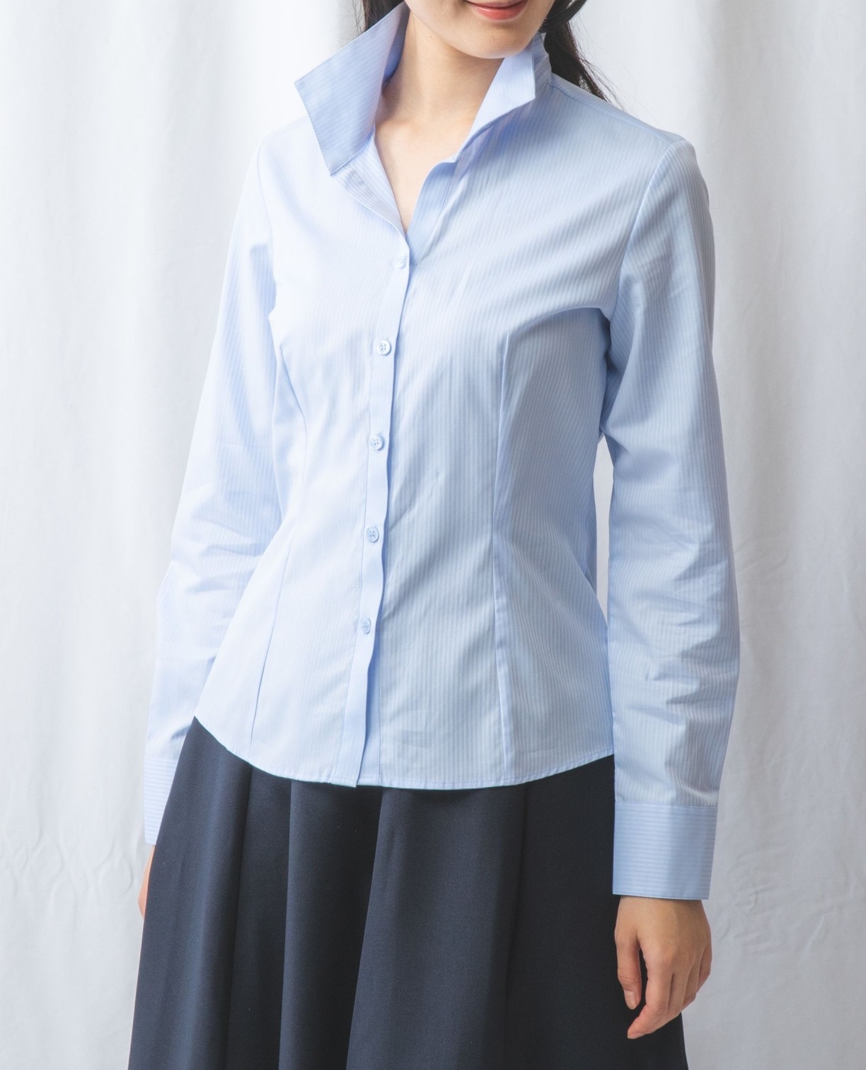 ドビーストライプスタンドカラー長袖シャツ(2(L)11号 ブルー): ナラ