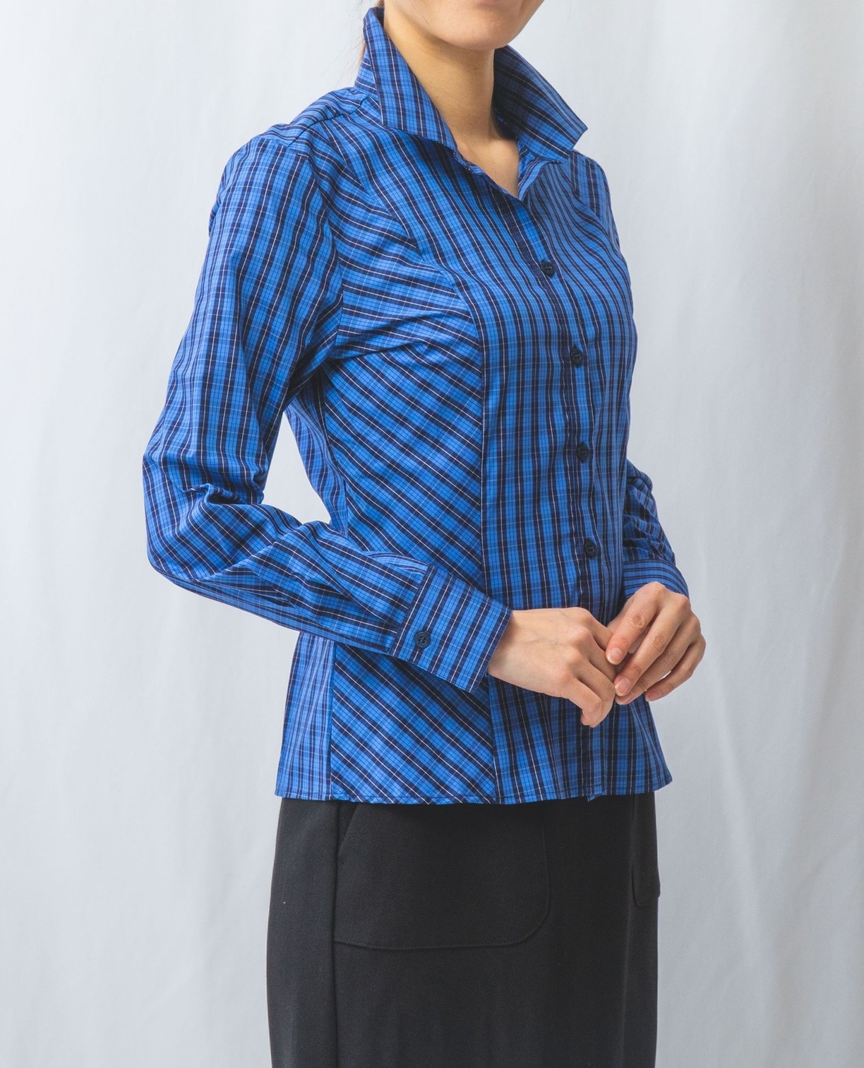 ストレッチチェックスタンドカラーシャツ(0(S)7号 ブルー): ナラ 