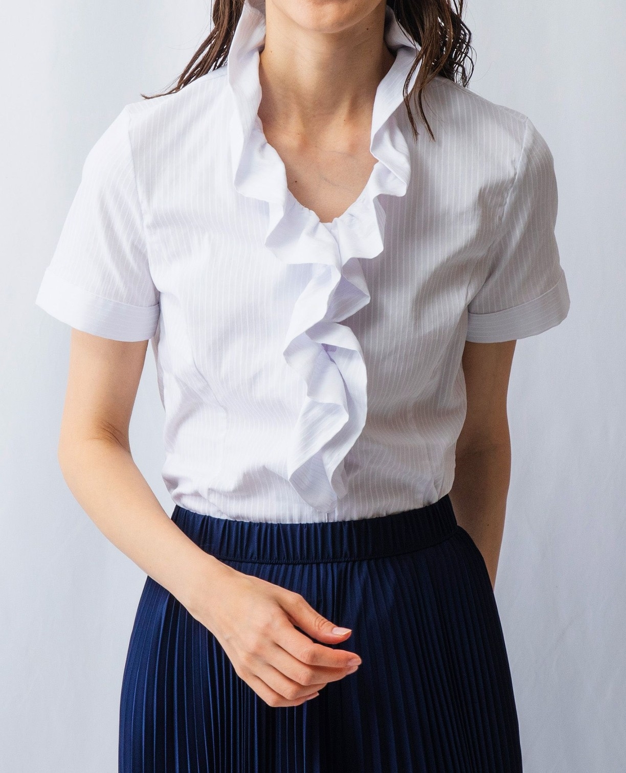 ストレッチストライプフリル衿半袖シャツ(2(L)11号 ホワイト