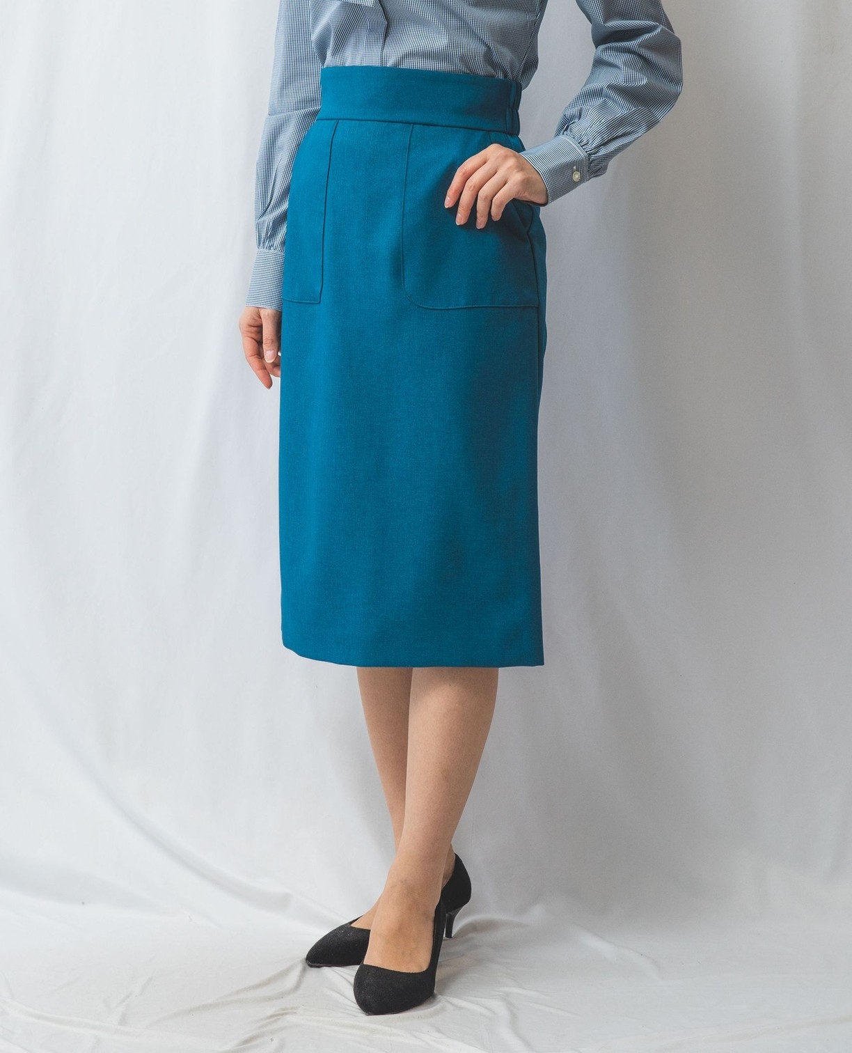 NARACAMICIE】フロントWポケットミデイタイトスカート(1(M)9号 ブルー