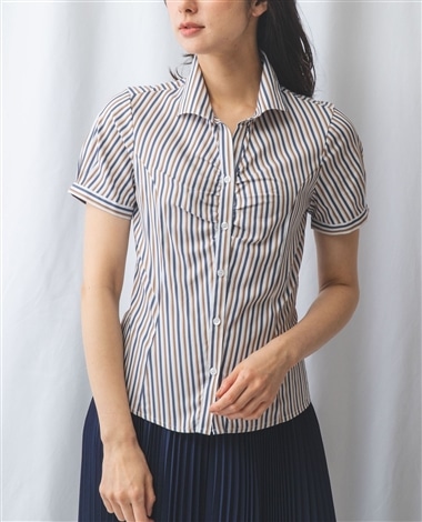 【NARACAMICIE】ミックスカラーストライプスタンドカラー半袖シャツ