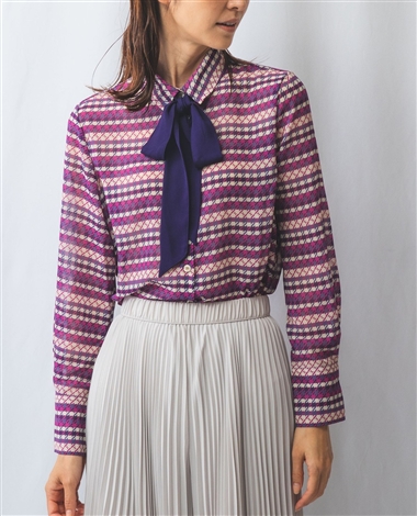 ナラカミーチェ シャツ スキッパー フリル 七分袖 刺繍 ストライプ 紫 白 2